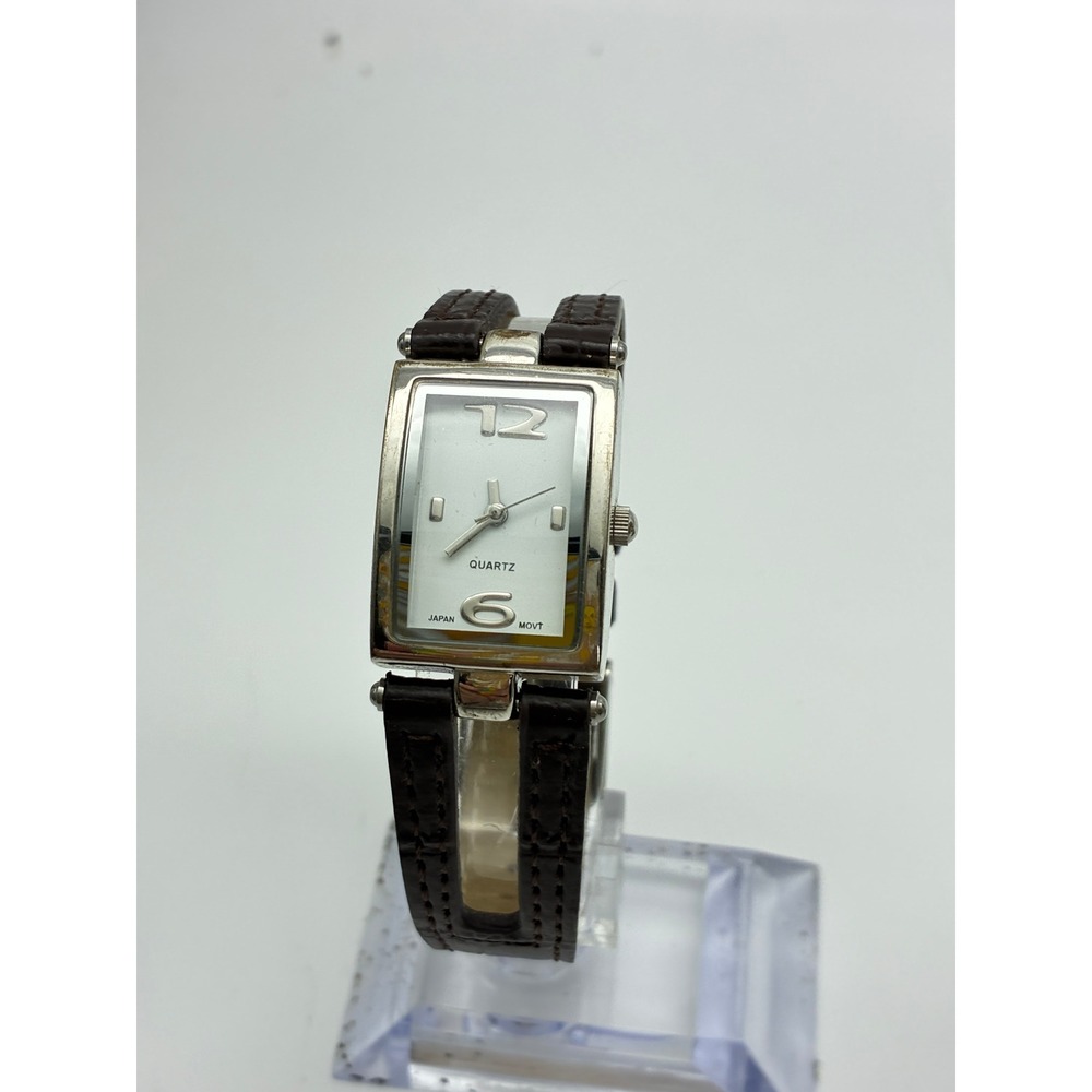 Vintage ACC Rectangular Quartz Watch Brown Croc Split Strap Silver Tone Case
